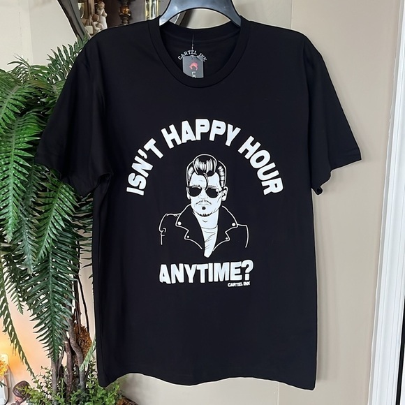 Brand New Cartel Ink Johnny Depp Court “Isn’t Happy Hour Anytime?” Black Shirt - Picture 2 of 9